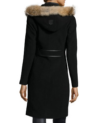 Mackage Fur Trim Hooded Wool Blend Coat W Leather Detail