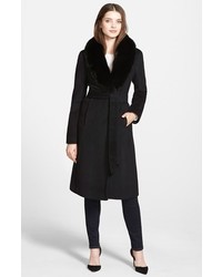 Ellen Tracy Genuine Fox Collar Wool Blend Long Wrap Coat