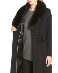 Sachi Genuine Fox Fur Shawl Collar Long Wool Blend Coat