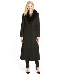 Sachi Genuine Fox Fur Shawl Collar Long Wool Blend Coat