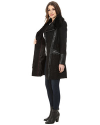 Via Spiga Herringbone Asymmetrical Tweed Coat W Faux Fur Collar