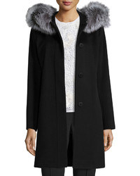 Fleurette Hooded Wool Fur Trim Coat Black