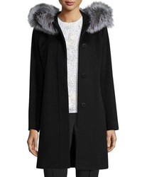 Fleurette Hooded Wool Fur Trim Coat Black
