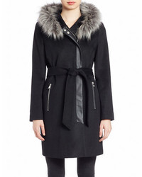 Karl Lagerfeld Paris Faux Fur Trimmed Wool Blend Coat