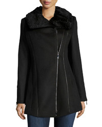 Dawn Levy Lillie Fur Collar Wool Coat Black