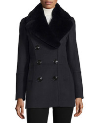 Burberry London Marfield Wool Blend Coat Wdetachable Fur Collar Black