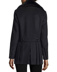 Burberry London Marfield Wool Blend Coat Wdetachable Fur Collar Black
