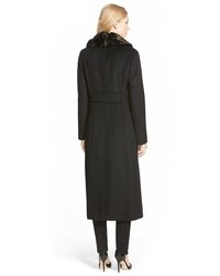 DKNY Long Wool Blend Coat With Faux Fur Collar