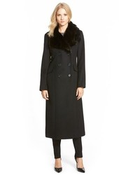 DKNY Long Wool Blend Coat With Faux Fur Collar