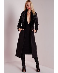 Missguided Longline Faux Wool Coat With Faux Fur Collar Black