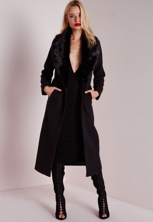 Egenskab Gøre mit bedste Tålmodighed Missguided Longline Faux Wool Coat With Faux Fur Collar Black, $102 |  Missguided | Lookastic