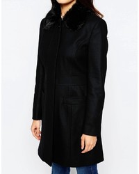 French Connection Platform Faux Fur Collar Felt Coat In Black