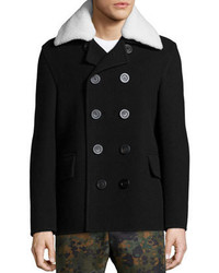 Burberry Prorsum Double Breasted Wool Coat With Shearling Fur Collar Black