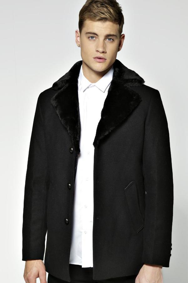 Mens black coat with fur collar