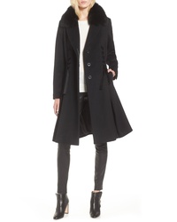 1 Madison Velvet Detail Wool Coat With Genuine Fox Fur Collar