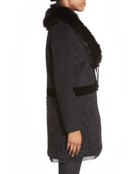 Vera Wang Vera Faux Fur Collar Wool Blend Ribbon Bottom Coat