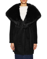 Wool Belted Coat With Fox Cape Collar
