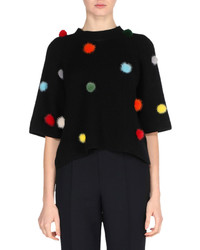 Fendi Elbow Sleeve Ribbed Cashmere Sweater With Mink Pompoms
