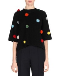 Fendi Elbow Sleeve Ribbed Cashmere Sweater With Mink Pompoms