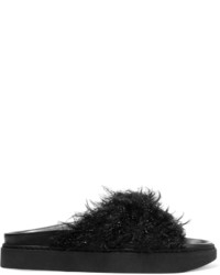 Black Fur Flat Sandals