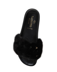 Valentino Lock Mink Fur Rubber Slide Sandals