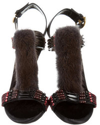 Sergio Rossi Embellished Fur Trimmed Sandals
