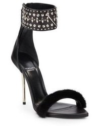 Versace Faux Fur Trimmed Studded Leather Sandals