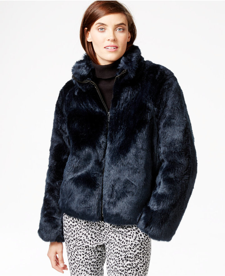 Michael Kors Michl, Short Black Faux Fur Coat With Hood