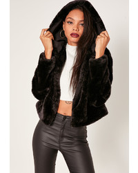 Missguided Black Hooded Short Faux Fur Coat