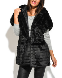 Black Faux Fur Hooded Vest Plus Too