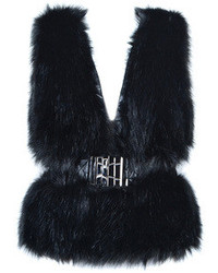 Choies Black Faux Fur Waistcoat With Pu Binding V Neck
