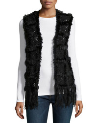 Love Token Fur Trim Crochet Open Front Vest Black