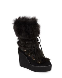 Black Fur Wedge Ankle Boots