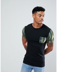ASOS DESIGN Asos Muscle Fit T Shirt With Aztec Velour Printed Sleeves And Pocket