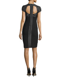 Theia Short Sleeve Geometric Jacquard Cocktail Dress Black