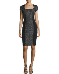 Theia Short Sleeve Geometric Jacquard Cocktail Dress Black