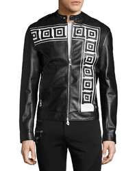 Versace Collection Greek Key Leather Cafe Racer Jacket Black