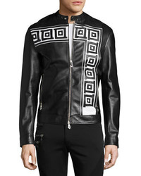 Versace Collection Greek Key Leather Cafe Racer Jacket Black