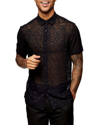 Topman Slim Fit Geometric Jacquard Short Sleeve Button Up Shirt