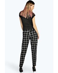 Boohoo Allie Black Grid Check Crepe Tapered Trousers