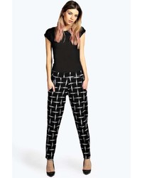 Boohoo Allie Black Grid Check Crepe Tapered Trousers