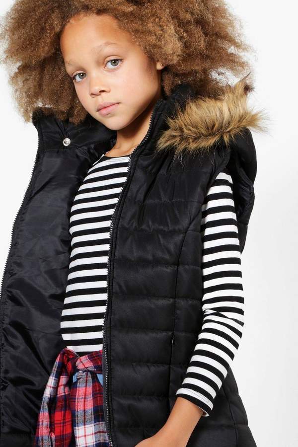 Boohoo Girls Fully Padded Faux Fur Hood Gilet, $23 | BooHoo | Lookastic