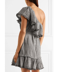 Zimmermann One Shoulder Gingham Linen And Cotton Blend Mini Dress Black