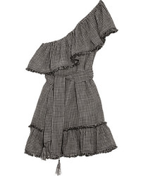 Zimmermann One Shoulder Gingham Linen And Cotton Blend Mini Dress Black