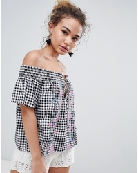 En Creme Short Sleeve Off Shoulder Top Gingham Top With Embroiderry