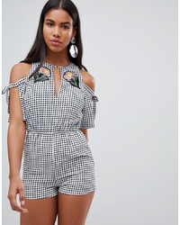 Rare London Cold Shoulder Gingham Embroidered Playsuitwhite