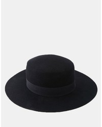 Asos Brand Flat Top Hat In Black Felt With Wide Brim