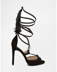 Daisy Street Black Tassel Ghillie Lace Up Heeled Sandals