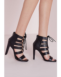 Missguided Reptile Lace Up Heeled Sandals Black