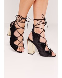 Missguided Wavy Lace Up Block Heel Sandals Black